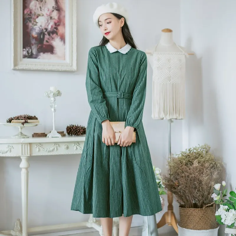 Mori Girl Women Sweet Long Dress Peter Pan Collar Lace Green Stripe Sashes Vintage Dress Elegant Cotton Party Lady Lolita Dress