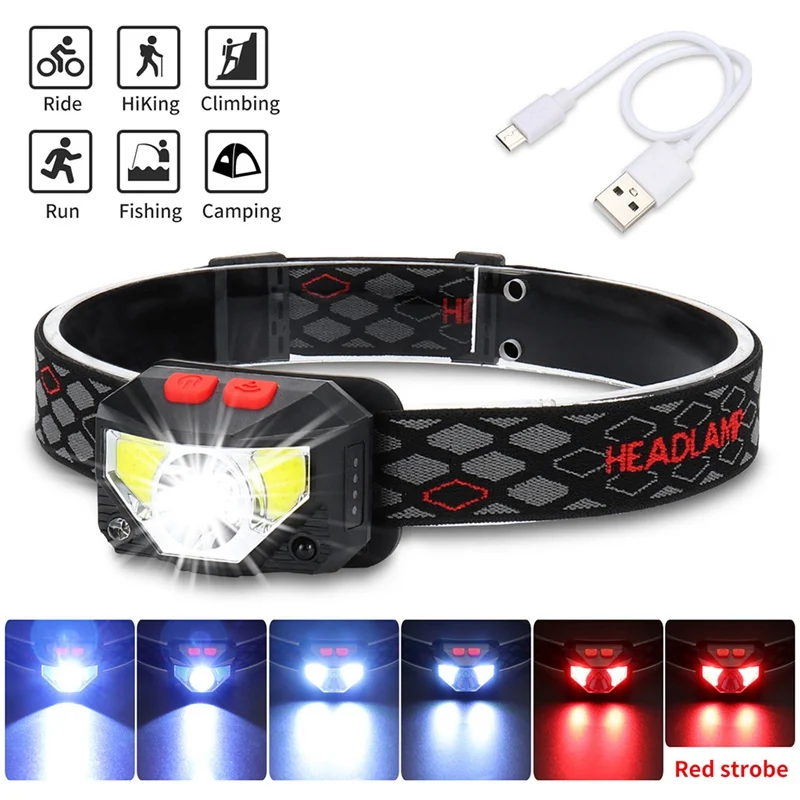 

Night Fishing Outdoor Headlamp Red LED Super Bright Sensor USB Rechargeable Water Resistant Warning Wearable Lighting Headband