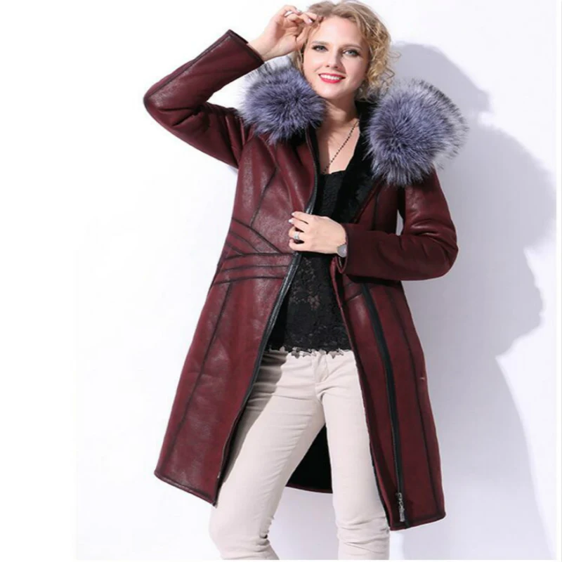 

2017 New Winter Women's Thick Coat Faux Leather Big Artificial Furs Long Hooded Warm Jakcet Suede Plush Pockets Large Size 7XL