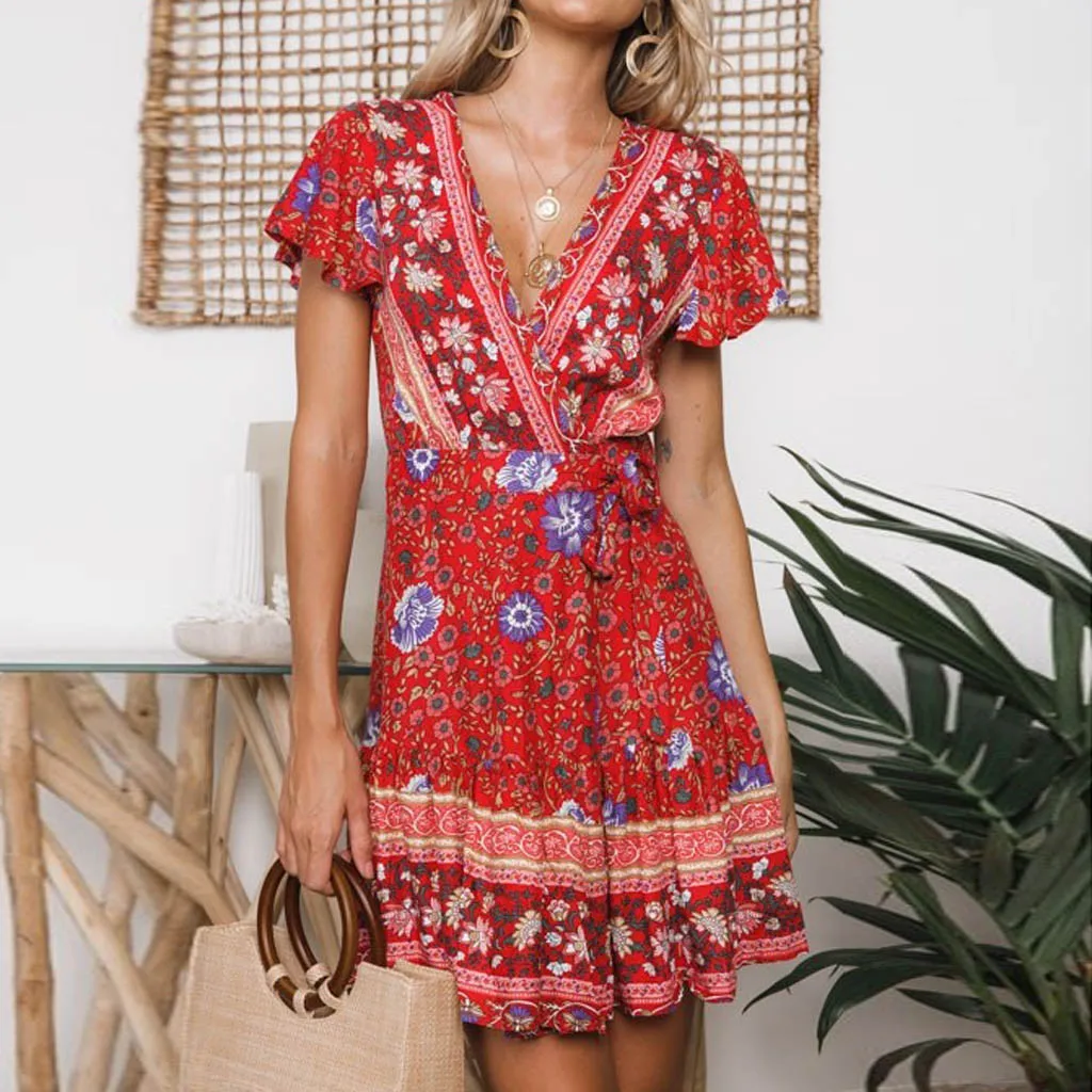 

Womens Dresses Sexy Casual High Waist Bohemia Print V Neck National Style Midi DressVestidos Verano Dresses Woman Party Night