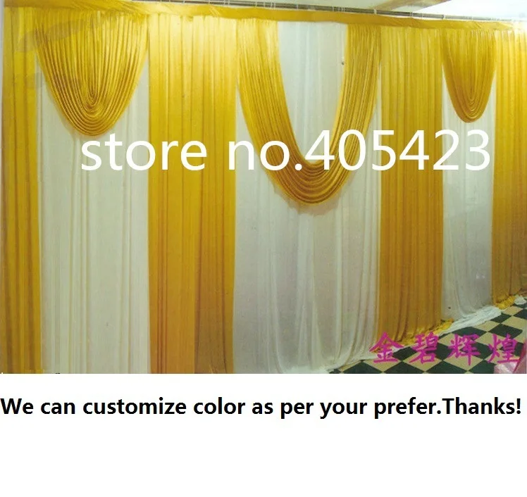 

3*6m width Wedding meeting event party ice silk white & gold drapery curtain Background backdrop with swag ( Can be customized )