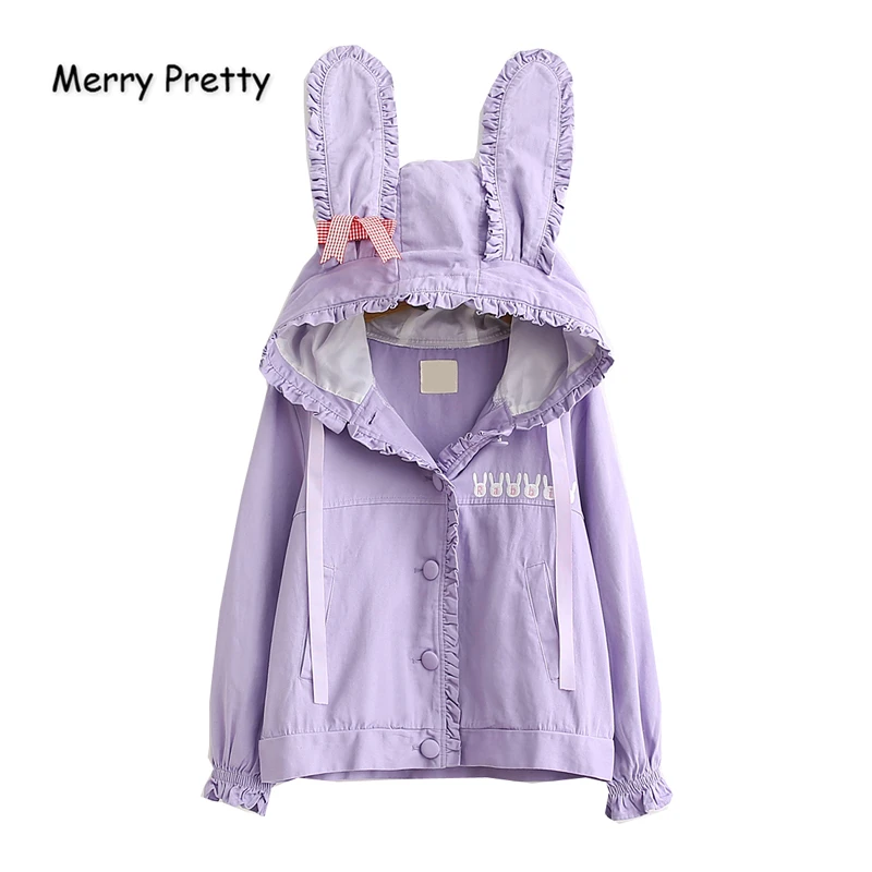 

Merry Pretty 2019 Women's Autumn Winter Basic Jackets Ladis Rabbit Ears Embroidery Cute Jacket Single Breasted Pink Outerwear