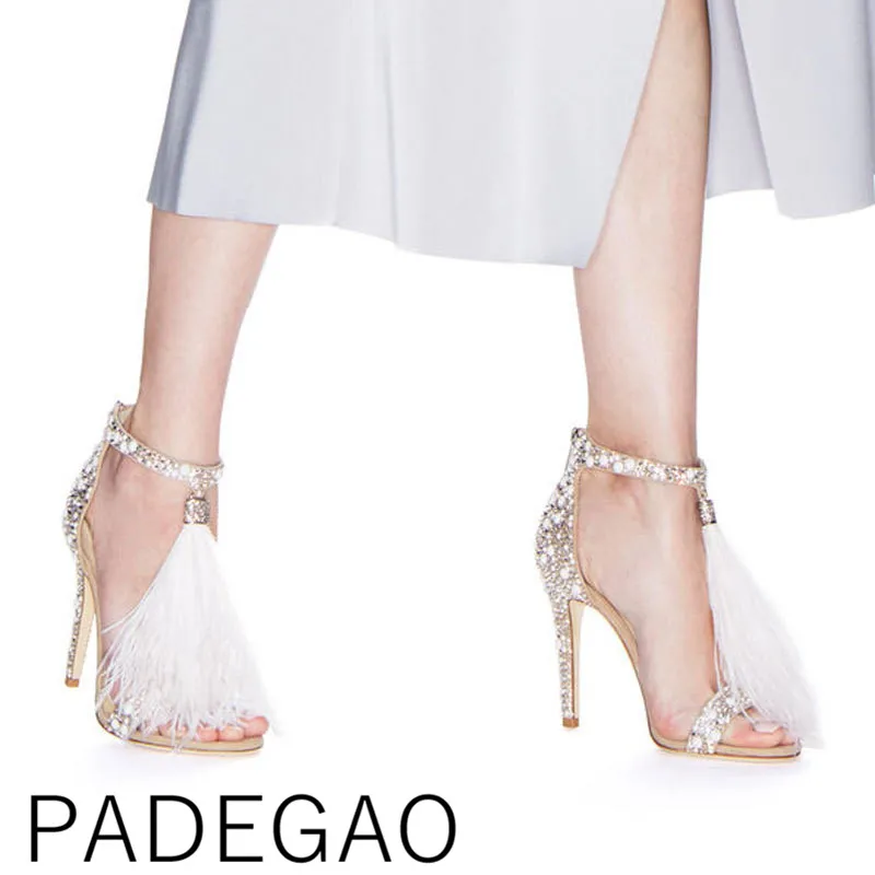 

Luxury Designer Women Shoes High Heels Feather Rivet Open Toe Elegant 2019 Summer Sexy Sandals
