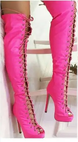 

2017 Spring newest women boots super high thin heels over the knee peep toe designer platform boots cross-tied women boots
