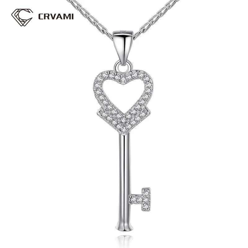 CRVAMI Necklace, 18K White Gold Plated Heart Friendship Choker Necklace with AAA Cubic Zircon Key-shaped Pendant Women Jewelry