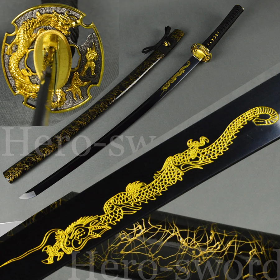 Buy Black Blade engraved Gold Dragon Japanese Samurai