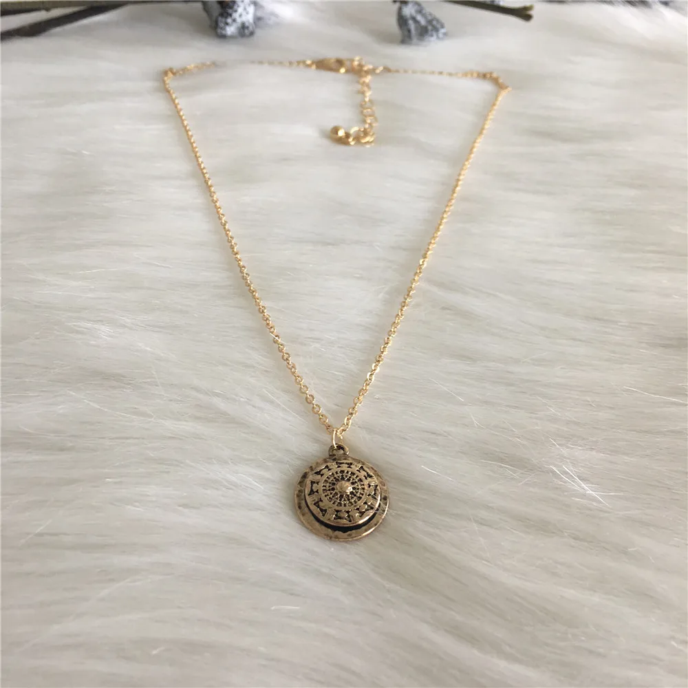 

TRENDY NECKLACE ANTIQUE GOLD COLOR PLATING ROUND DISC PENDANT NECKLACE FOR WOMEN GIRL MAN