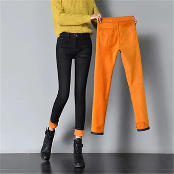 

Women Winter High Fashion Skinny Black Vintage Elastic Plus Gold Velvet Washed Jeans Pants Female Casual Fleece Long Trousers