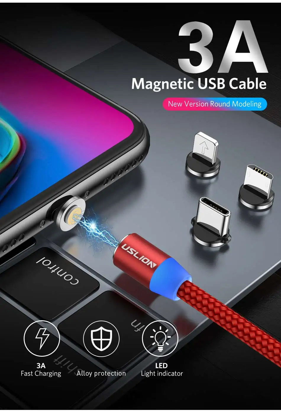 USLION 1 м Быстрая зарядка Магнитный Micro usb type-C кабель зарядное устройство для huawei P30 mate 20 Pro 3A светодиодный магнитный кабель usbc для передачи данных