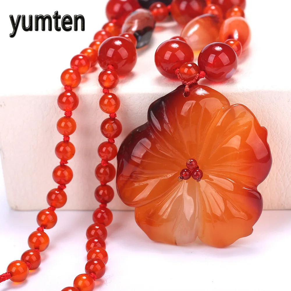 

natural Red Pendant Agate Flower Ladies Sweater Chain Women Necklace Pendant Hand Carved Crystal Fine Gift Pendants for a neck