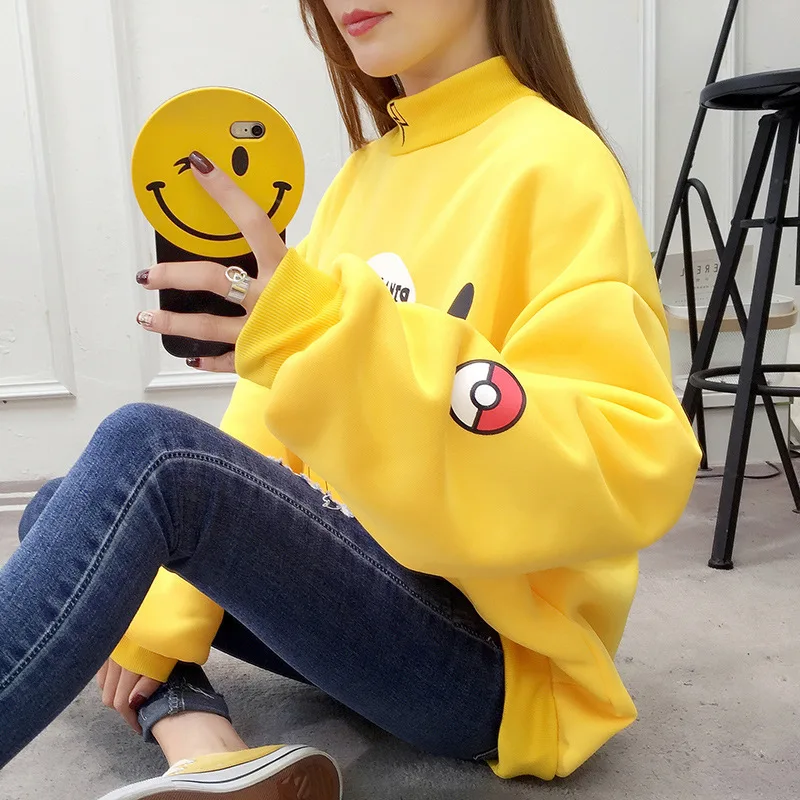 yellow hoodies Осень, женские толстовки с капюшоном, водолазка с принтом Пикачу, толстовки Harajuku, модные кавайные топы, парные пуловеры с рисунком покемона - Цвет: yellow hoodies