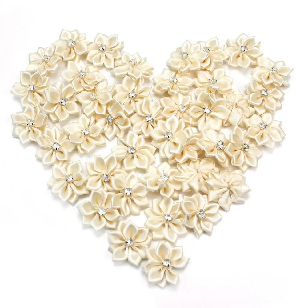 

40Pcs Crystal Rhinestone Decoration Satin Ribbon Flower Appliques Crafts Beige