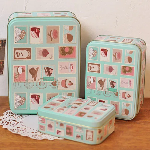 

3pcs/set Rectangle Metal Storage Box Blue cupcake Printing Biscuit Tin Storage case Chocolate Collect Container Metal Cookie box