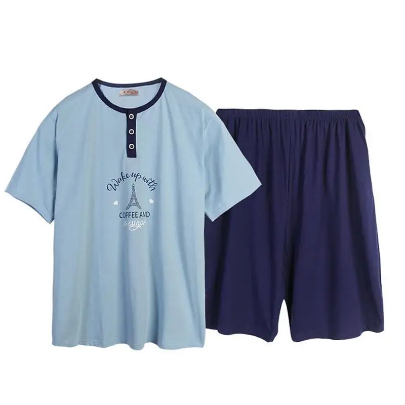 

Free Shipping Men's Plus Size Short Sleeve Shorts V Collar Sleepwear Set Soft 100% Cotton Pajamas Nightgown Summer Homewear 5XL