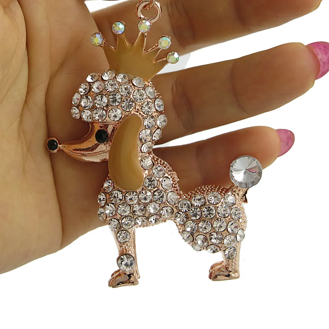 

Key Chains Crown Poodle Dog Rhinestone Crystal Key Ring Chains Holder Bag Buckle Pendant For Car Keyrings jewelry