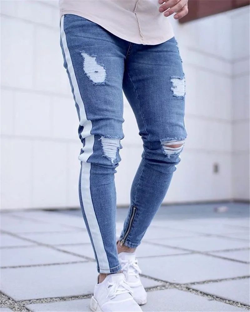 Мужские стильные рваные джинсы, байкерские обтягивающие прямые потертые джинсовые брюки, новая модная мужская одежда, Прямая поставка - Цвет: Photo Color 02