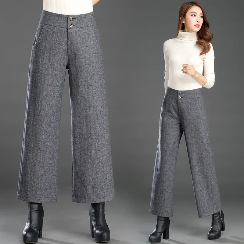 Pantalon Para Striped Mujer Mujeres Cintura brown Black 4xl Casual De Alta Stroiped Pantalones Classic 2018 Generoso Ancha Bigsize black gray Striped Pierna Otoño Botón Lana PwqO8pn