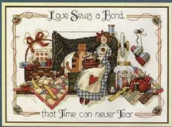 cs-2428 Cross Stitch Kit Love Sews A Bond Sewing Sew Girl Woman Maid and Cat Kitten Kitty dim