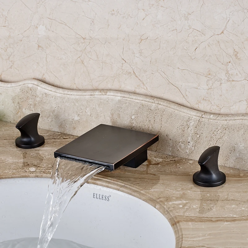 

Oil Rubbed Bronze Waterfall Square Spout Bathroom Basin Faucet Dual Handle Mixer