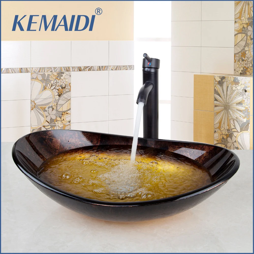 KEMAIDI الحمام الأسود الحنفية خلاط جولة بالوعة صنبور السفن استنزاف الحمام الزجاج حوض الغرور شلال الحنفيات حمام المساعدون