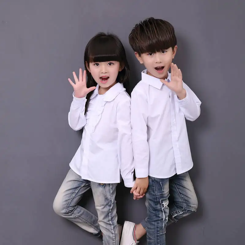 

2019 new Children white shirt boy long sleeve cotton shirt girls student white short shirt performance suit