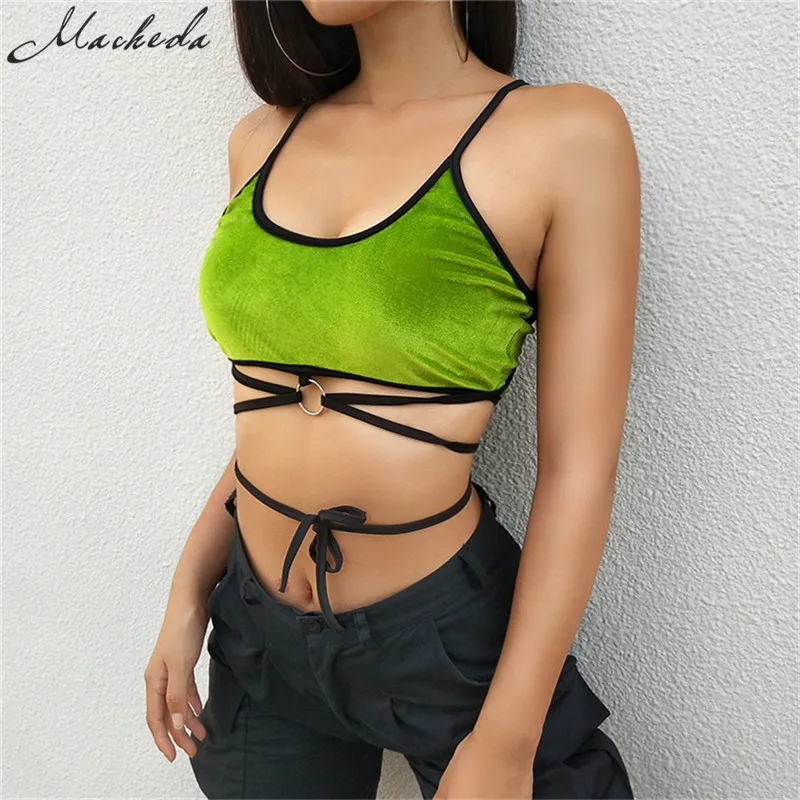 

Macheda Fashion Sleeveless Crop Tops Women Sexy Bandage Sling Top 2018 New Ladies Casual Back Cross Green Lace Up Tank Top