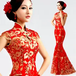 2017 красное Винтаж Cheongsam улучшилось свадебные туфли Роскошные Кружево рыбий хвост тонкий короткий рукав длинные Длина элегантный Китайские