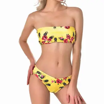 

Women's Floral Printing Yellow Base Two Pieces Swimsuit Off Shoulder Bandeau Top with Low Waist Bottom Padded Wireless Swimwear