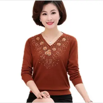 

New autumn and winter 2018 women's middle-aged v-neck Long sleeve knitted sweater long-sleeved loose Plus Size sweater AC862