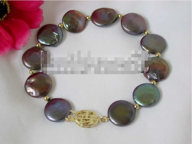 

Free shipping >>>>>>n1586 luster 8" Beautiful Natural black coin pearl bracelet