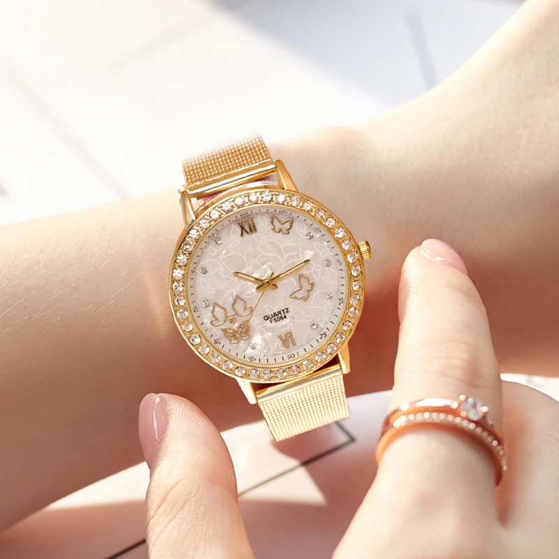 

Hot Women Butterfly Golden Watches Rhinestone Wrist Watch AP