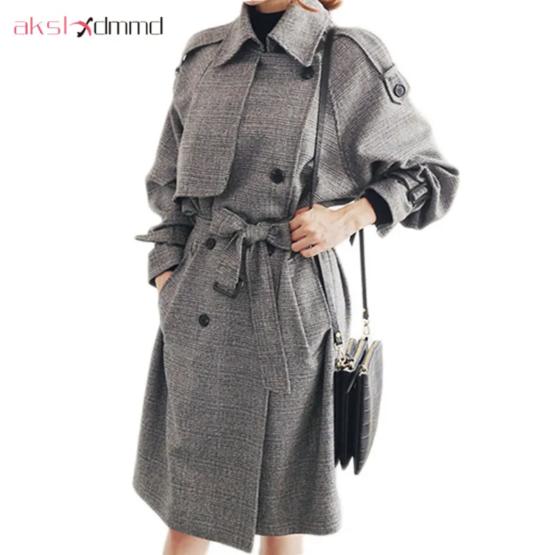 

AKSLXDMMD Fashion Double Breasted Plaid Trench Coat Women 2019 New Autumn Plus Size Slim Long-sleeve Mid-long Coats casaco LH954