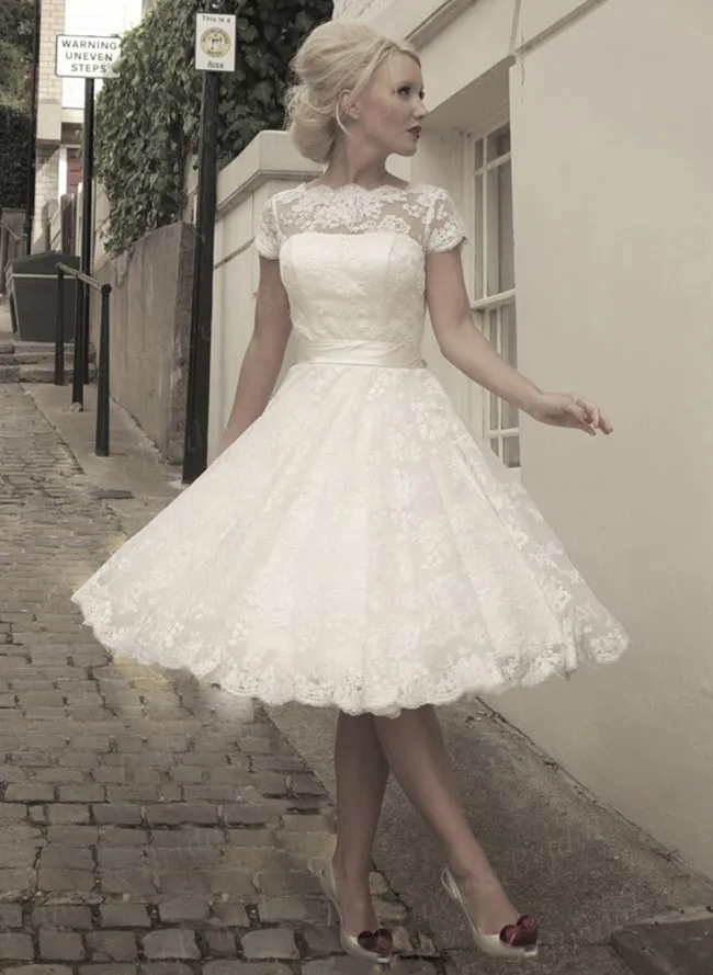 Free Shipping 2014 Hottest Style Ball Gown Short Sleeve Lace Tea Length font b Wedding b