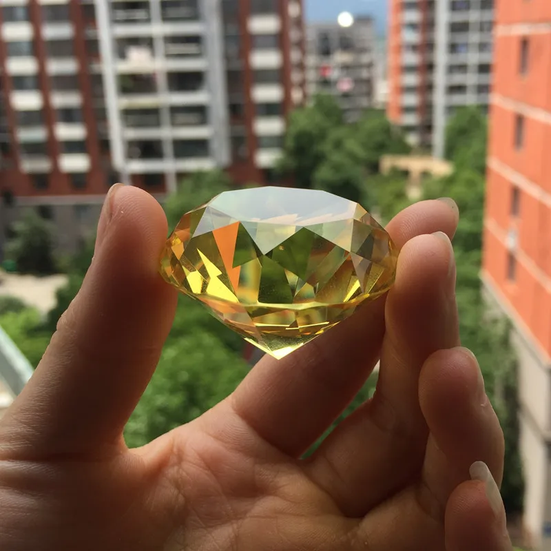 80 мм цветной прозрачный алмаз форма пресс-папье из стекла драгоценный камень дисплей орнамент свадебное домашнее украшение, арт-поделка материал подарок - Цвет: Цвет: желтый