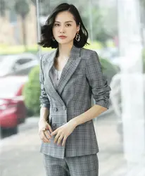 Высокое качество ткани офисная форма дизайн женские блейзеры и куртки серый плед Дамская Деловая одежда новый стиль 2018