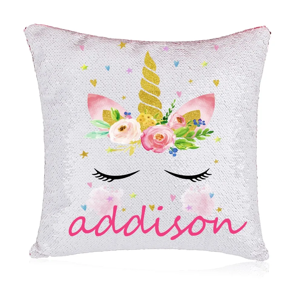 Personalised Sequined Unicorn Magic reveal cushion cover any name//perfect gift