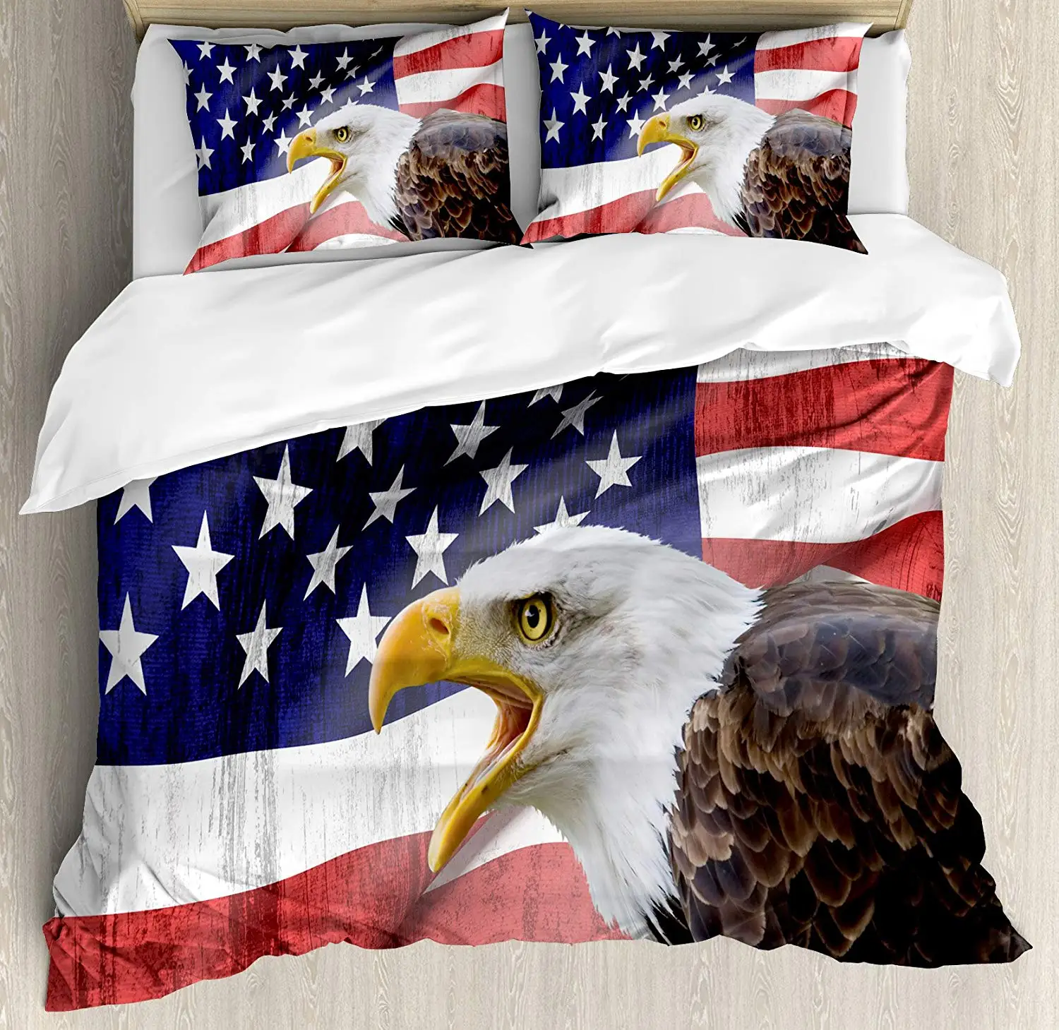 

American Flag Decor Duvet Cover Set Eagle on Foreground Banner Pride History Solidarity Martial Symbol Bedding Set Queen/Full