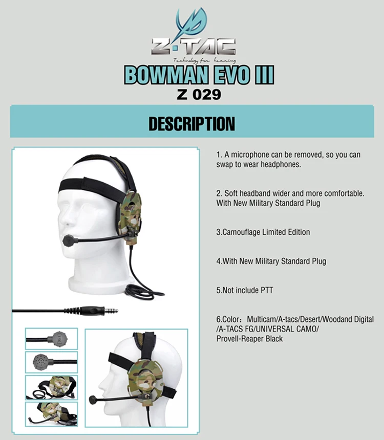 Z TAC тактическая гарнитура Bowman Evo III Z Tac страйкбол наушники для охоты Z029 военные наушники Bowman PTT для Kenwood Z114