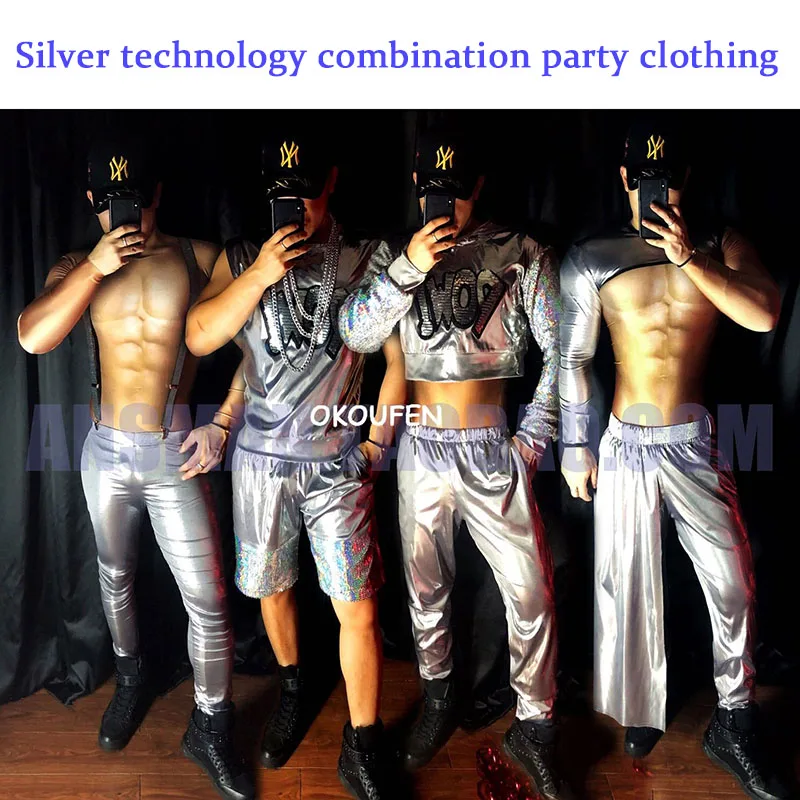 

Sexy Silver Tech Style Party Sexy Costumes Bar Nightclub ds Men Performance Costumes show theme party dress