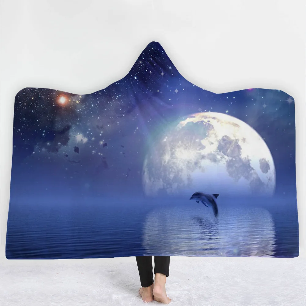 

Starry Sky Ocean Printed Microfiber Hooded Blanket for Adults Kids Sherpa Fleece Galaxy Wearable Throw Blankets on The Sofa