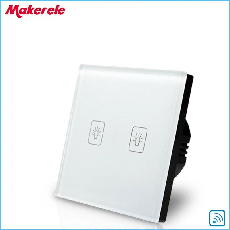 

Remote Touch Switch EU Standard 2 Gang 1 way RF Remote Control Light Switch White Crystal Glass Panel