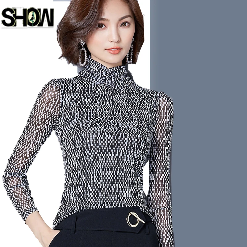 

Female Design Tops Temperament Women Autumn Winter Basic Shirts Elegant Ladies Mesh Office Formal Work Turtleneck Blouse 8301