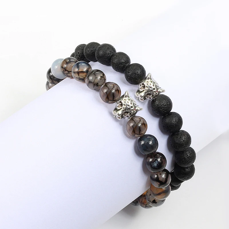 

Hot Men Natural Volcanic Stone Bracelet Gold Sliver Leopard Head Black Lava Matte Beaded Bracelets&Bangles Women Prayer Jewelry