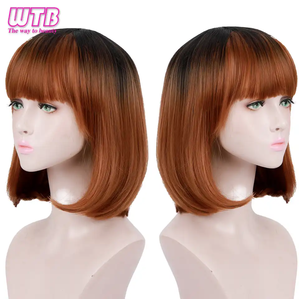 Wtb Short Straight Black Brown Ombre Wigs With Bangs For Women