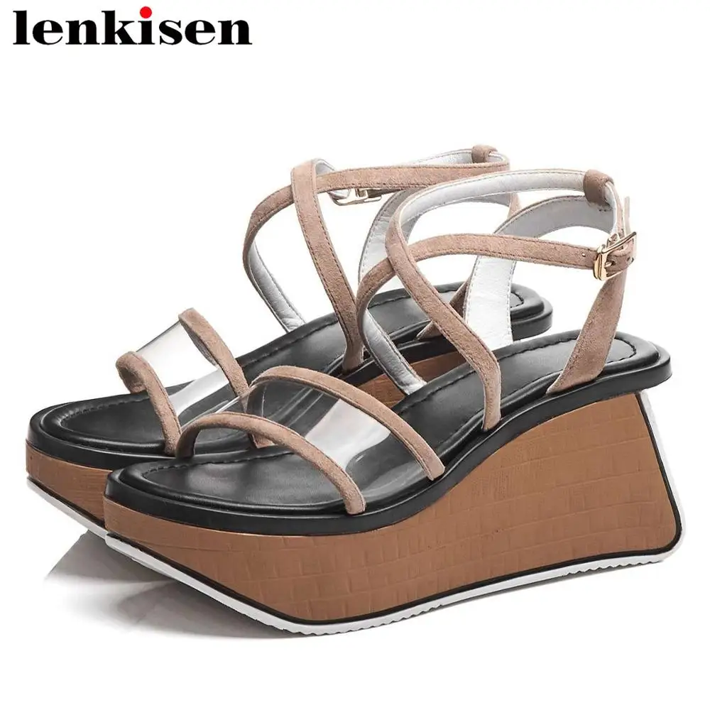 

Lenkisen new fashion vintage transparent pvc material kid suede patchwork buckle strap peep toe European gladiator shoes L01