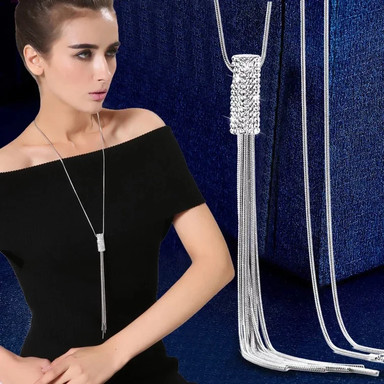 

Silver Color Round Tassel Necklaces Sweater Chain Fashion Personality Simple Metal Chain Long Necklace Pendant Gift