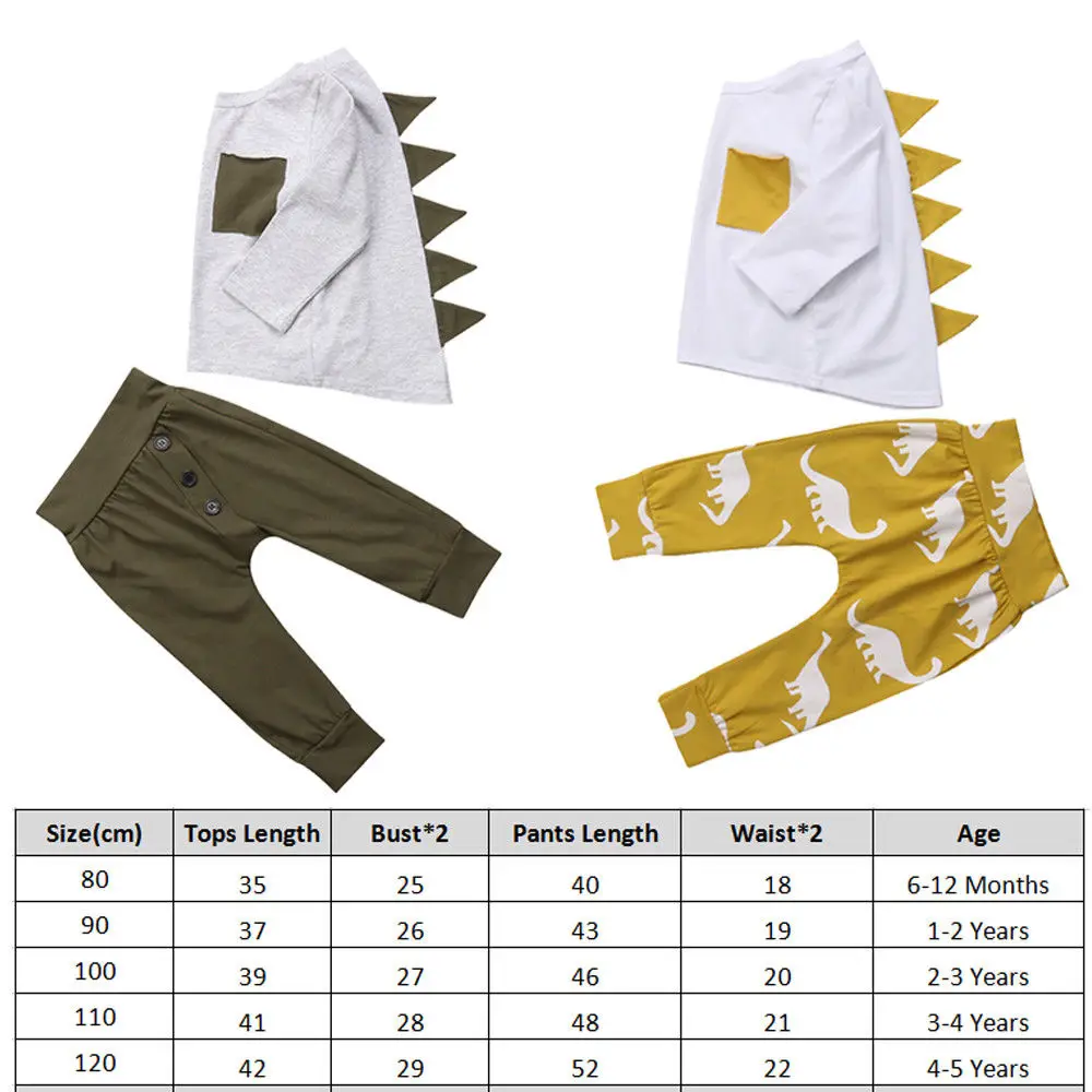 Милые комплекты одежды для новорожденных; Осенние костюмы для маленьких мальчиков и девочек с рисунком динозавра; детская футболка с длинными рукавами и штаны; комплекты из 2 предметов