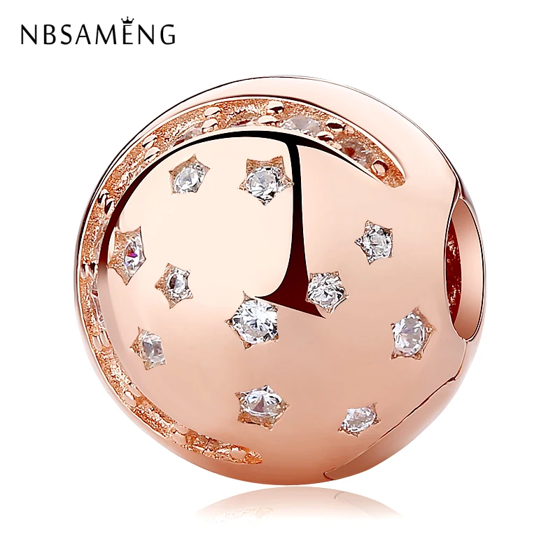 

New 925 Sterling Silver Rose Gold Color & Clear CZ Star Round Stopper Clip Fit Pandora Bracelets & Bangles DIY Jewelry
