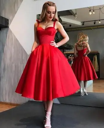 Винтажное красное короткое платье для выпускного вечера с бретельками, элегантное вечернее платье средней длины, недорогие платья для выпускного вечера на заказ - Цвет: Красный