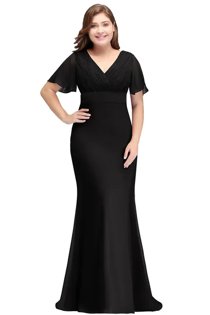 SALE Plus Size Long Red Evening Dresses Women Birthday Gift Mermaid Chiffon Party Robe Engagement Elegant V-neck Short Sleeves Black